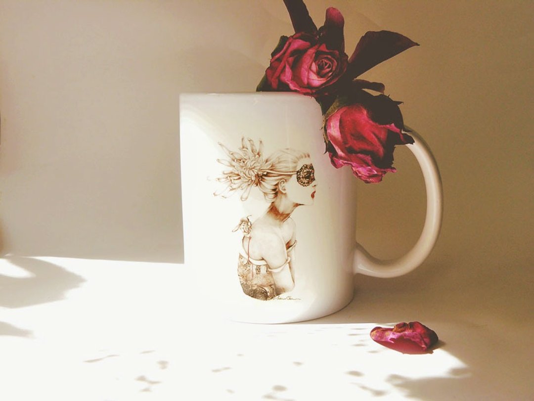 陶瓷马克杯│蜂与花的邂逅│ceramic mug - 其他杯子 - 陶 白色
