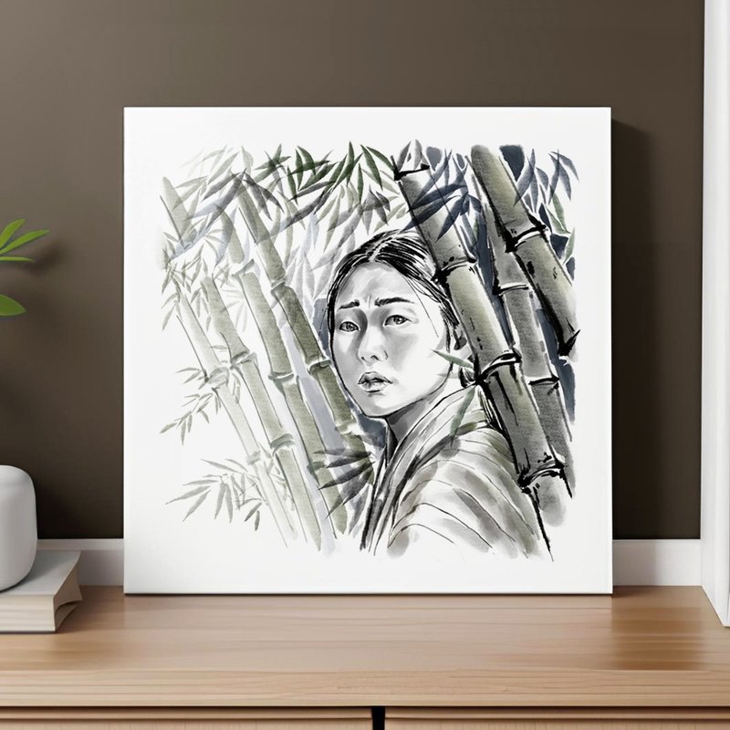 黑白水墨艺术女子与竹子画布印刷品适合客厅装饰 - 墙贴/壁贴 - 纸 白色