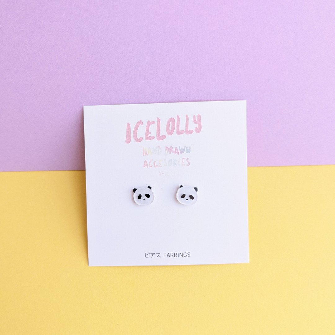 Panda hand-painted plastic van earrings Clip-On - 耳环/耳夹 - 塑料 白色