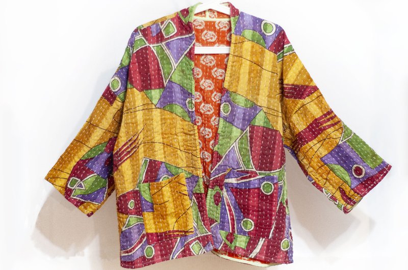 手缝纱丽布拼接纯棉外套 印度纯棉拼布罩衫 纱丽线刺绣外套-花朵 - 女装休闲/机能外套 - 棉．麻 多色