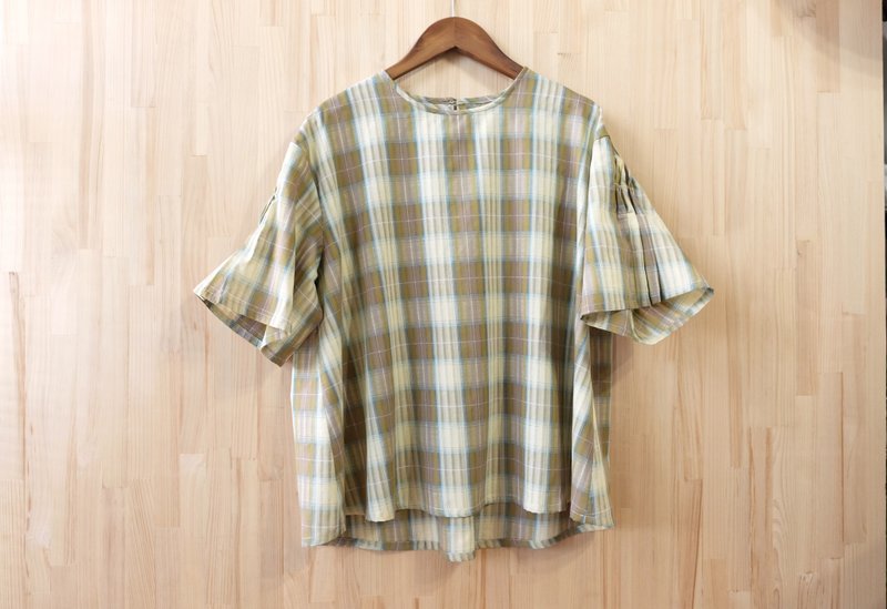 圆领袖压褶上衣/ 黄蓝格纹 - 女装上衣 - 棉．麻 多色