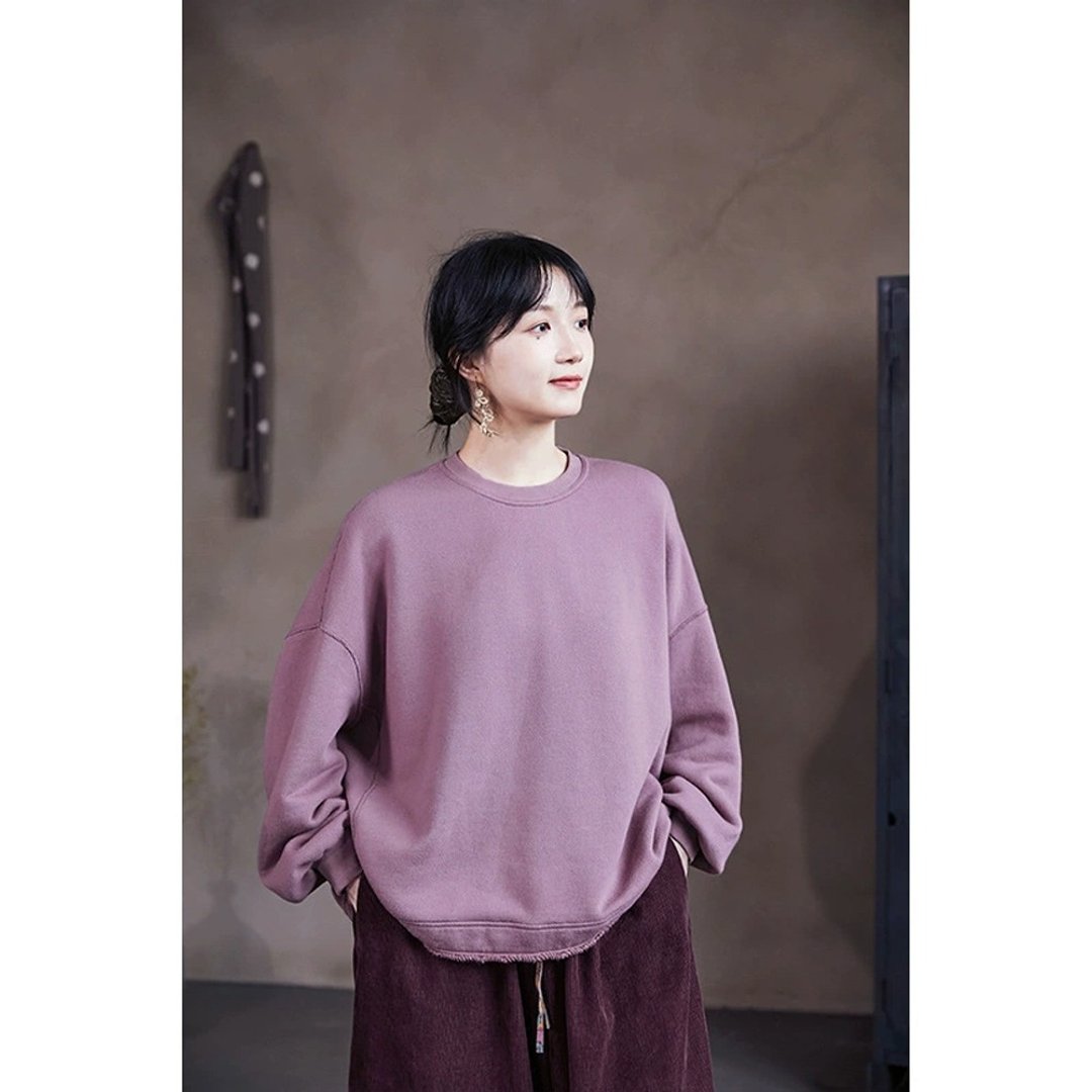 柔烟粉棉圆领宽松柔软厚实针织卫衣 - 女装上衣 - 棉．麻 