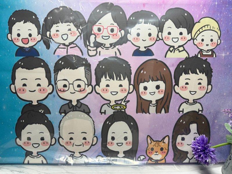 手绘守护天使全家福画 定制化家族纪念插画 猫咪与家人的幸福收藏 - 摆饰 - 其他材质 咖啡色