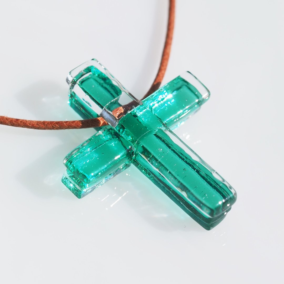 Cross glass (cross [emerald]) necklace [made-to-order] - 项链 - 玻璃 绿色
