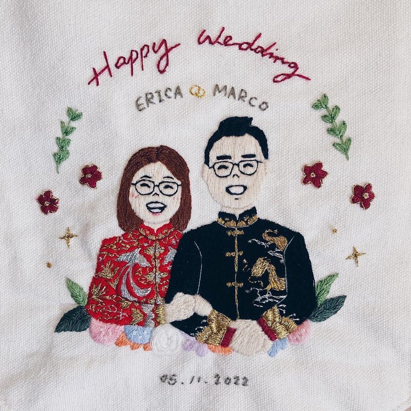 【定制化礼物】手刺绣 / 似颜 / 旗帜 / 挂画 / good day (大) - 订制画像 - 绣线 粉红色