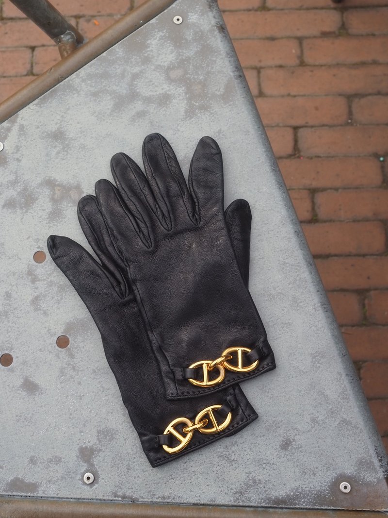 HERMES 爱马仕 Chaine d'Ancre 皮革手套 黑色 金色 复古 - 手套 - 真皮 黑色