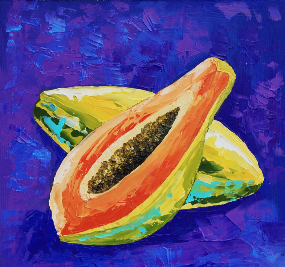 Papaya Painting Fruit Still Life Original Art Exotic Wall Art Kitchen Artwork - 海报/装饰画/版画 - 其他材质 蓝色