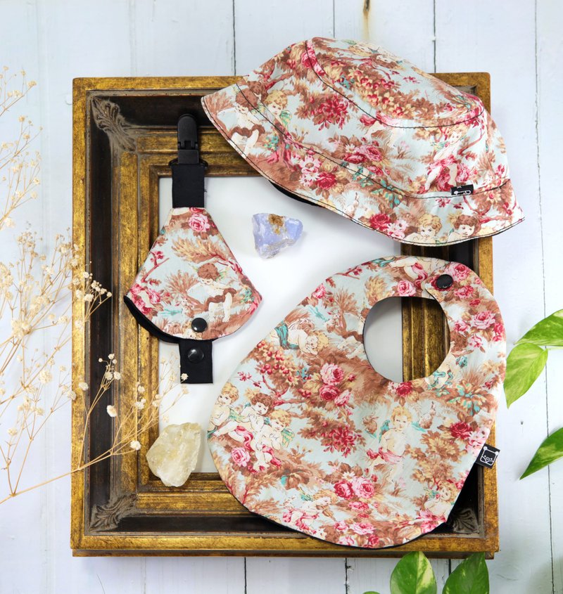 3 件套礼品套装 印花婴儿围兜 奶嘴夹 渔夫帽 新生儿礼物 - 满月礼盒 - 棉．麻 多色