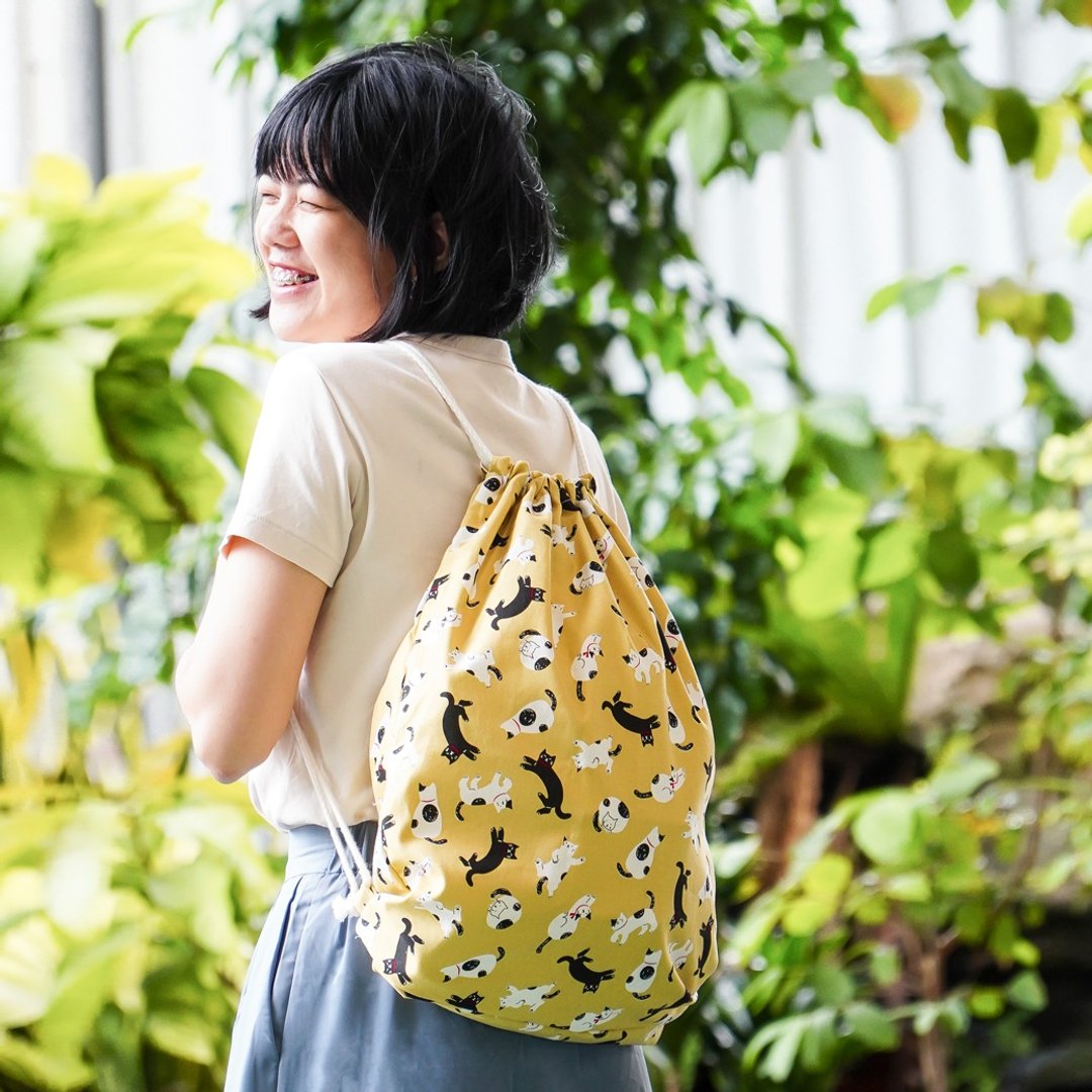图片花布已用完 私讯挑选花布订制 束口大背包  有侧袋放手机 - 后背包/双肩包 - 棉 黄色