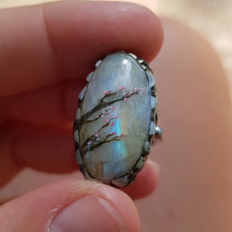 月光石戒指。樱花戒指。就像精灵戒指一样。油画微型 - 戒指 - 石头 白色
