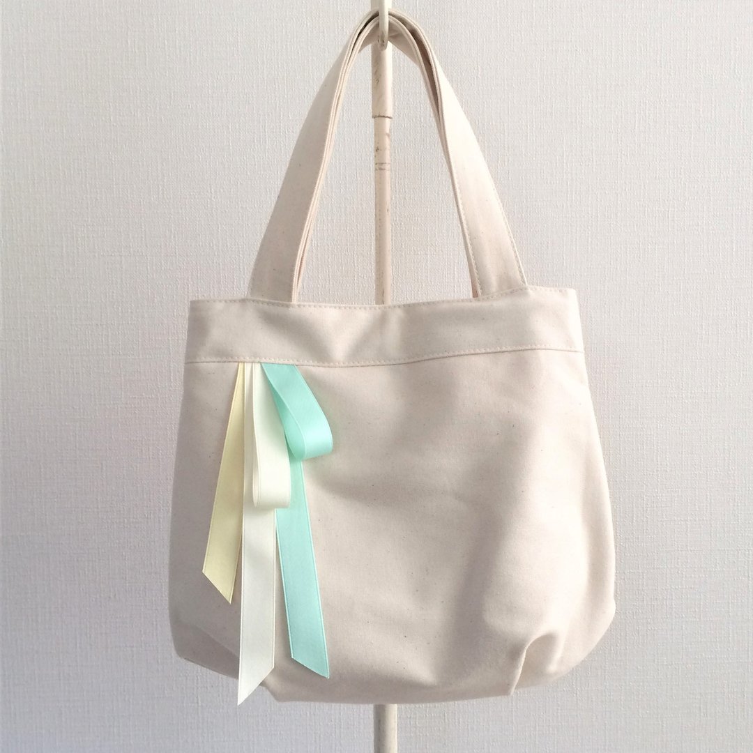 Triple Candy Color Ribbon Round Tote Bag Generate Rint × Mint - 手提包/手提袋 - 棉 蓝色