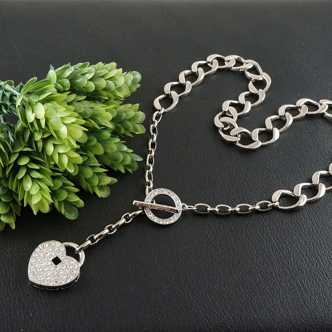 Heart Lock Clear Swarovski Crystals Rhinestone Large Chain Toggle Y Necklace - 项链 - 其他金属 银色