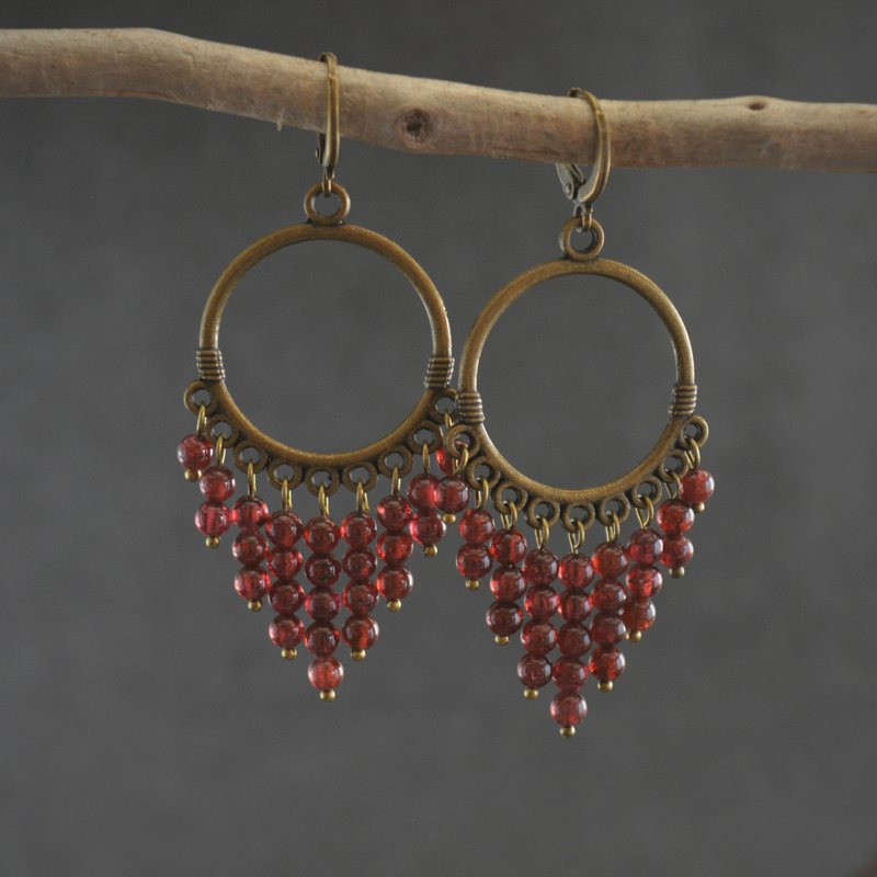 石榴石耳环 复古风格的宝石青铜耳环 枝形吊灯耳环 - 耳环/耳夹 - 宝石 红色