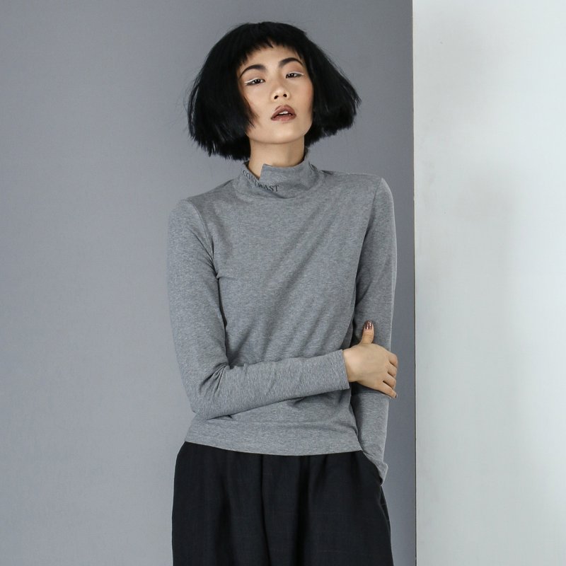 高低领加厚T恤【CONTRAST卡偌诗】 - 女装 T 恤 - 棉．麻 灰色