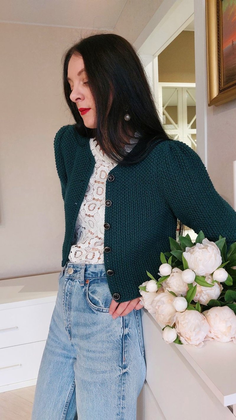 Cropped jacket Green sweater Knit cardigan - 女装针织衫/毛衣 - 羊毛 