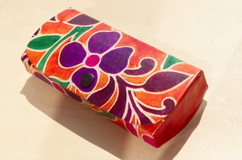 圣诞礼物 限量一件 手工山羊皮眼镜盒 / 手绘风格皮革眼镜包 / 笔袋  / 笔盒 - 紫色花朵森林风 - 眼镜/眼镜框 - 真皮 多色