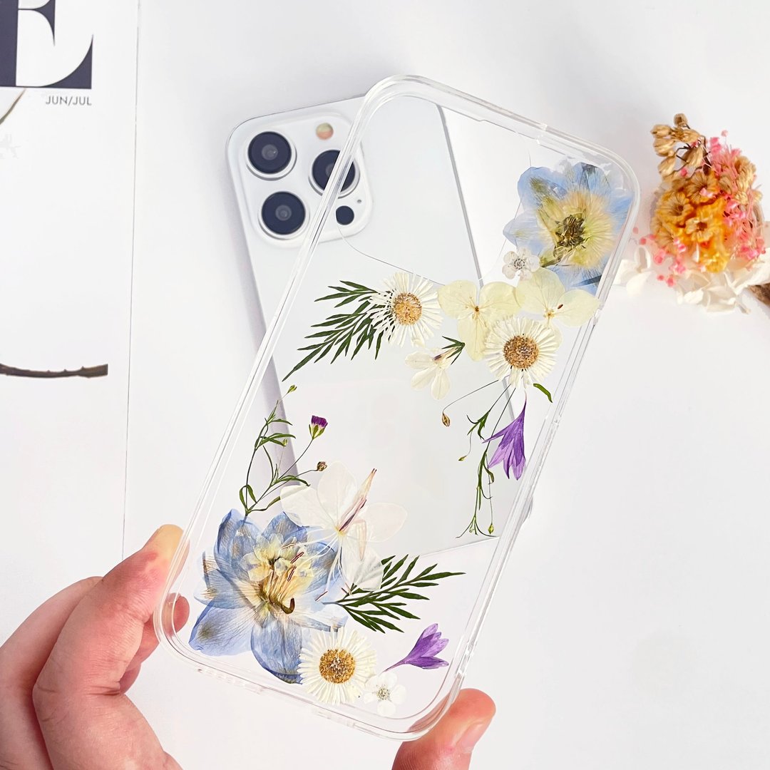 淡蓝花园押花手机壳适用于iPhone 16 Pro Max Samsung S25 A35 - 手机壳/手机套 - 植物．花 