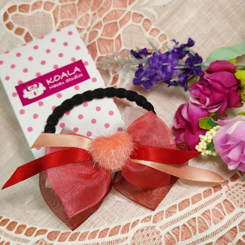 优雅系列手工饰品酒红毛毛爱心蝴蝶结发圈 - 发带/发箍 - 其他材质 