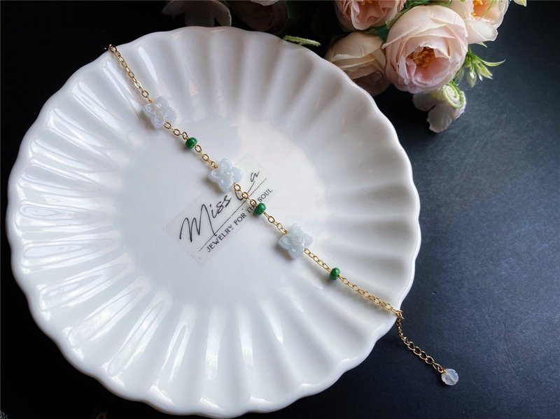 天然缅甸玉翡翠 礼物 天然石 幸运四叶花 手链 设计款 - 手链/手环 - 玉石 绿色