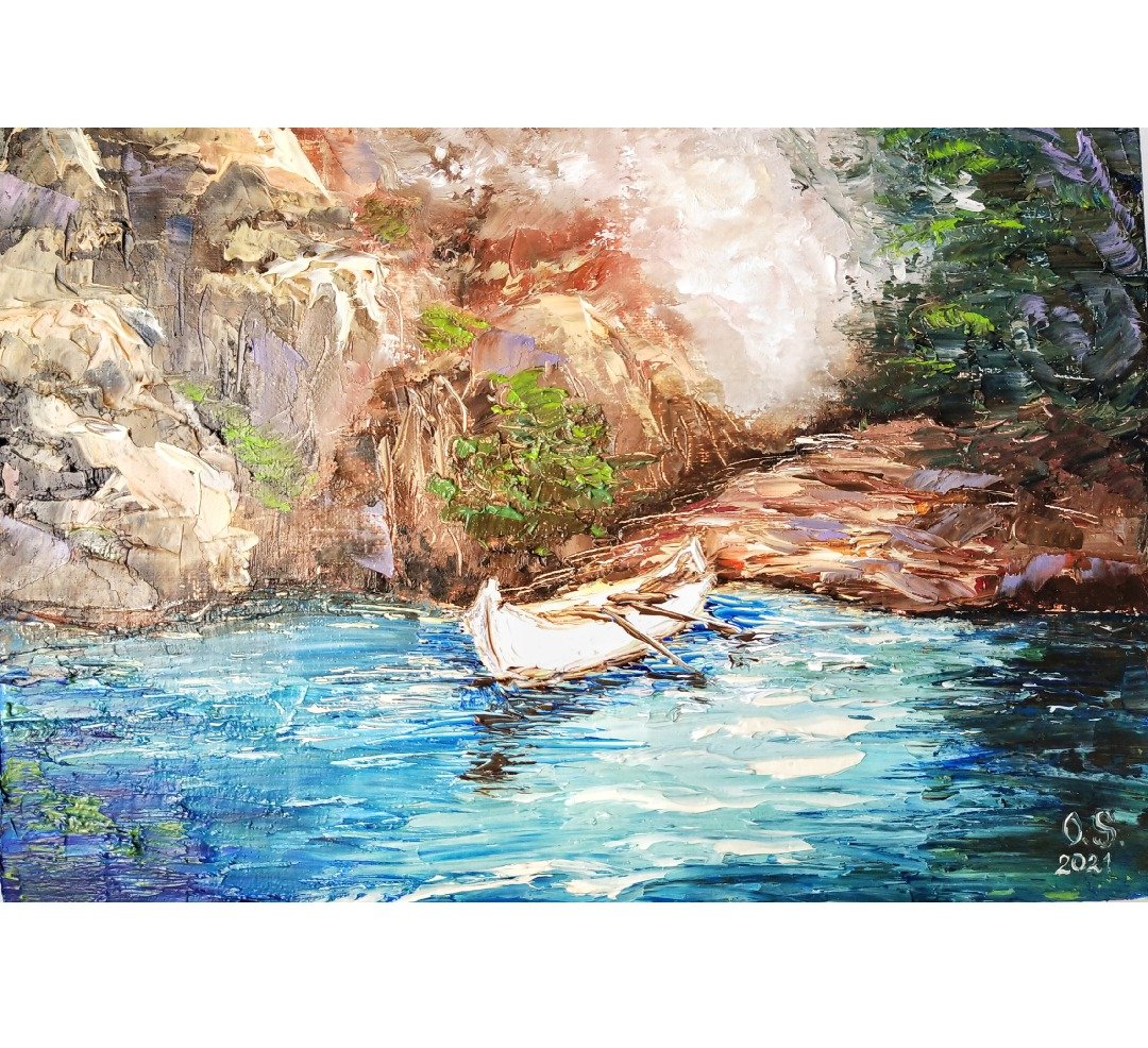 海岸画船原创艺术品 25x35 厘米/ 10x14 英寸，作者：Oksana Stepanova - 海报/装饰画/版画 - 棉 多色