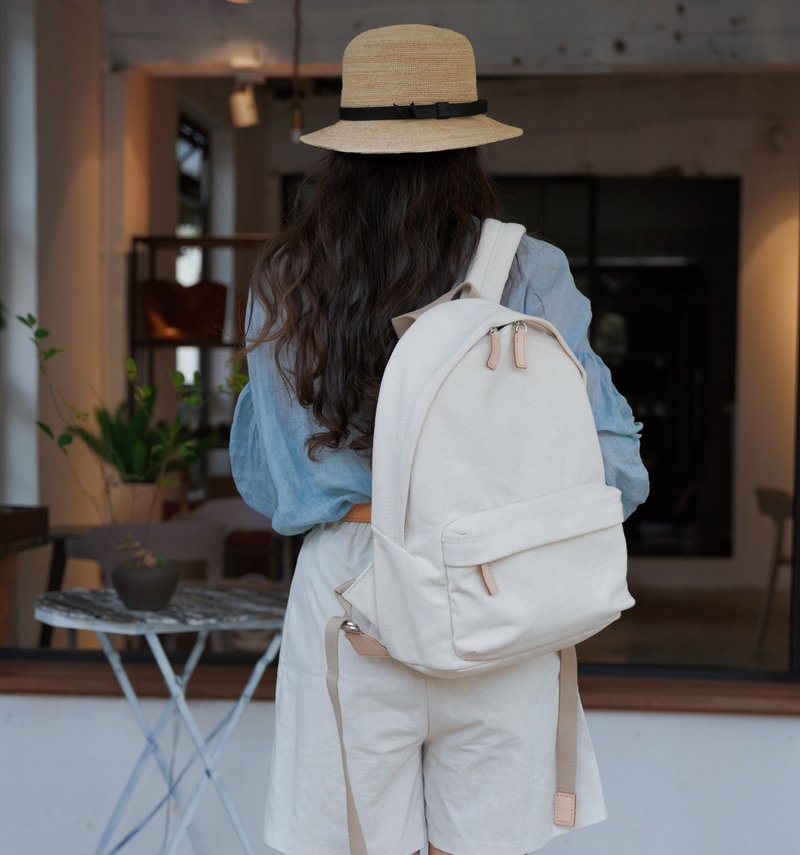 自然生成帆布大容量後背包 簡約線條13吋筆電收納男女適用 - 后背包/双肩包 - 棉．麻 白色