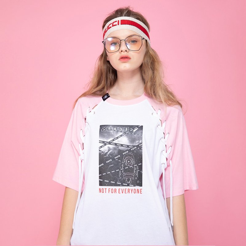 【中性款】 袖襱绑带五分袖圆领上衣 / 粉红色 - 女装上衣 - 棉．麻 粉红色