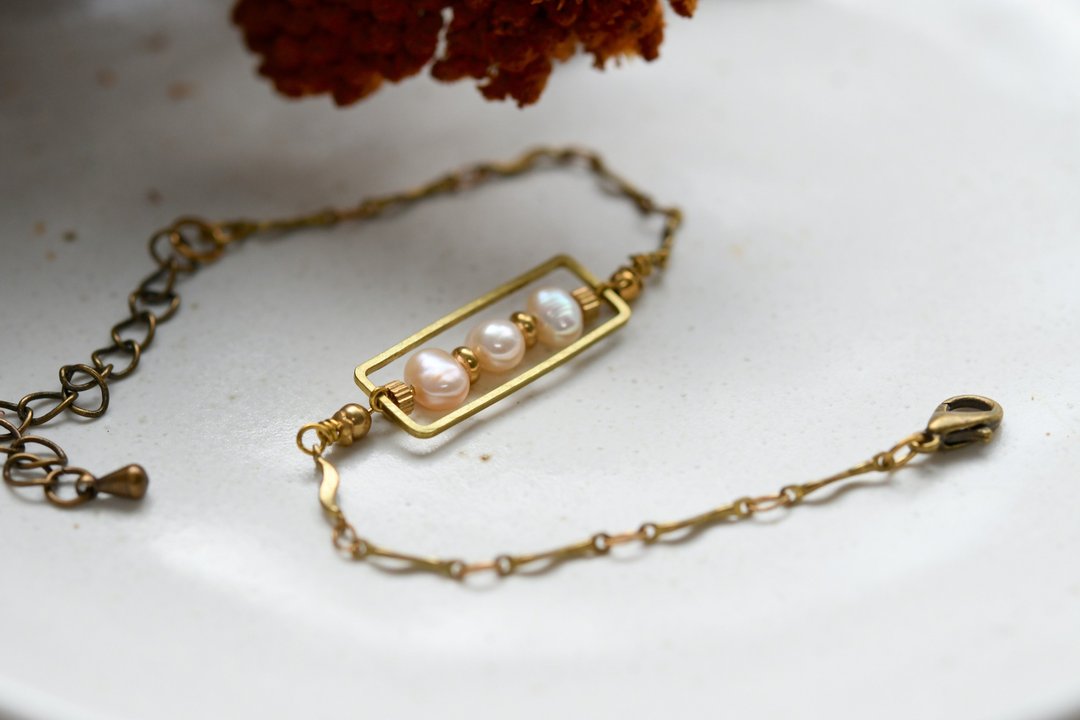 Pearl NO.7│ 淡粉珍珠x黄铜 │ 黄铜手链 - 手链/手环 - 铜/黄铜 粉红色