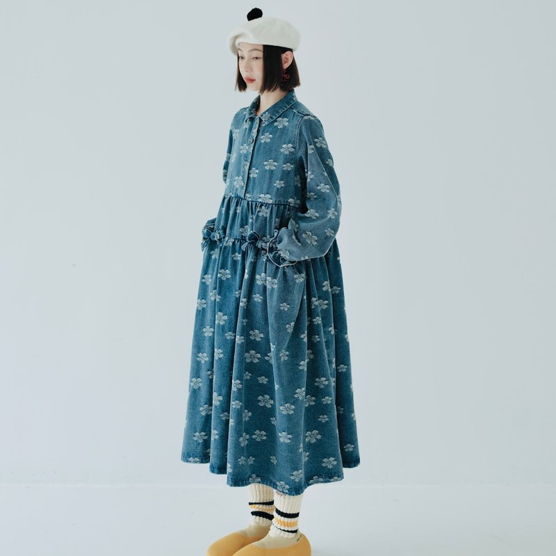 蓝色提花牛仔连身裙 / 蝴蝶结 洋装  裙子 - 洋装/连衣裙 - 棉．麻 蓝色