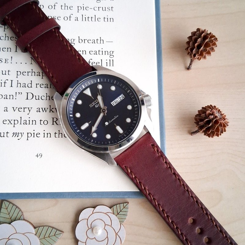 直耳通用皮革表带 / 快拆设计 / 手工制作 / 高贵内敛-酒红 - 表带 - 真皮 