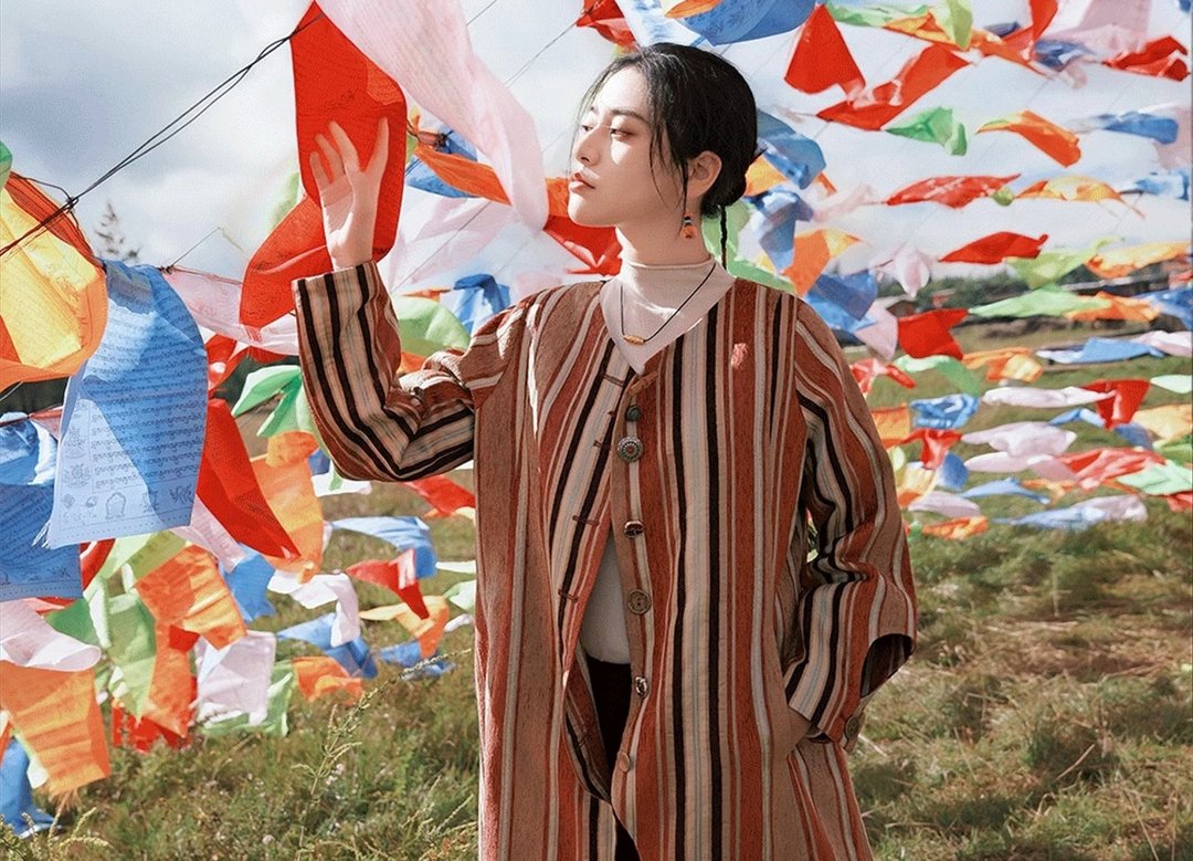 听风 新中式復古藏装 彩条长款夹棉风衣 - 女装上衣 - 其他材质 橘色