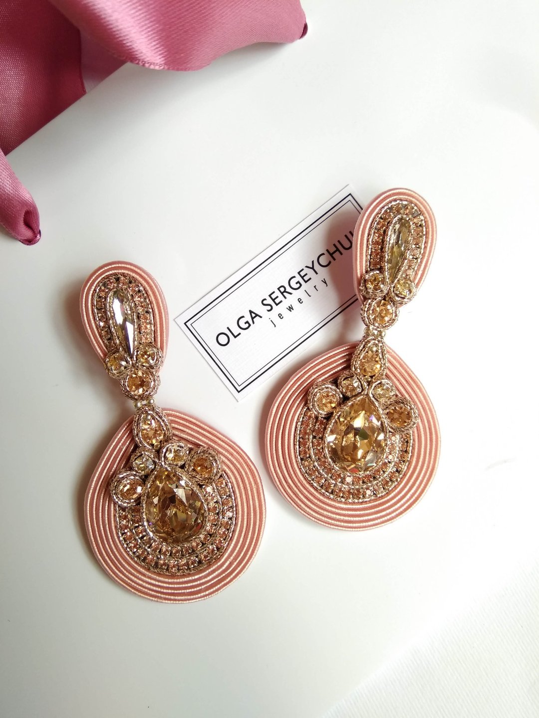 Earrings Massive earrings with Swarovski stones in salmon color Christmas Gift W - 耳环/耳夹 - 其他材质 粉红色