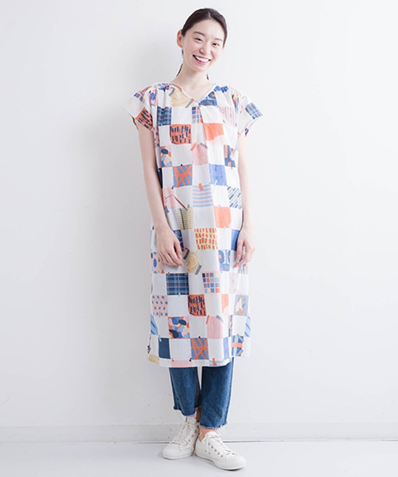 Colorful print V neck cotton one piece - 洋装/连衣裙 - 棉 蓝色