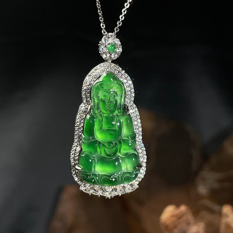 冰绿翡翠观音925纯银镶嵌项链 | 天然玉翡翠A货 | 送礼 - 项链 - 玉石 绿色