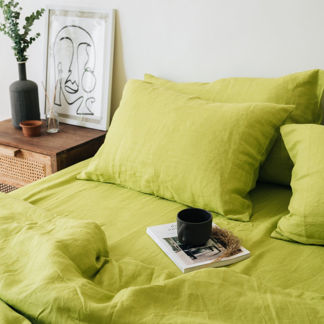 Chartreuse green linen duvet cover /Softened linen / Comforter cover/Quilt cover - 寝具 - 亚麻 绿色