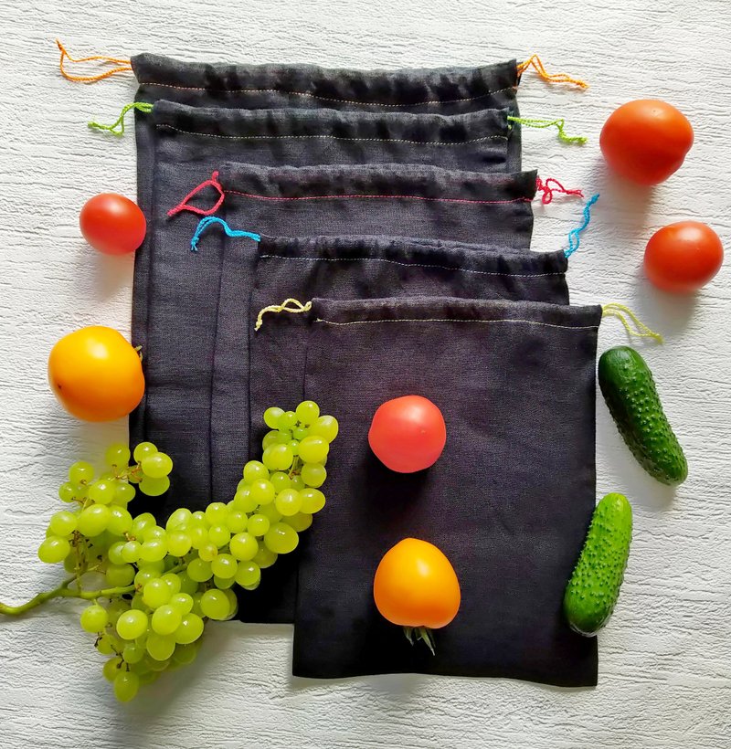 Reusable produce bags set of 5, Eco friendly storage bag, Drawstring pocket - 束口袋双肩包 - 亚麻 黑色
