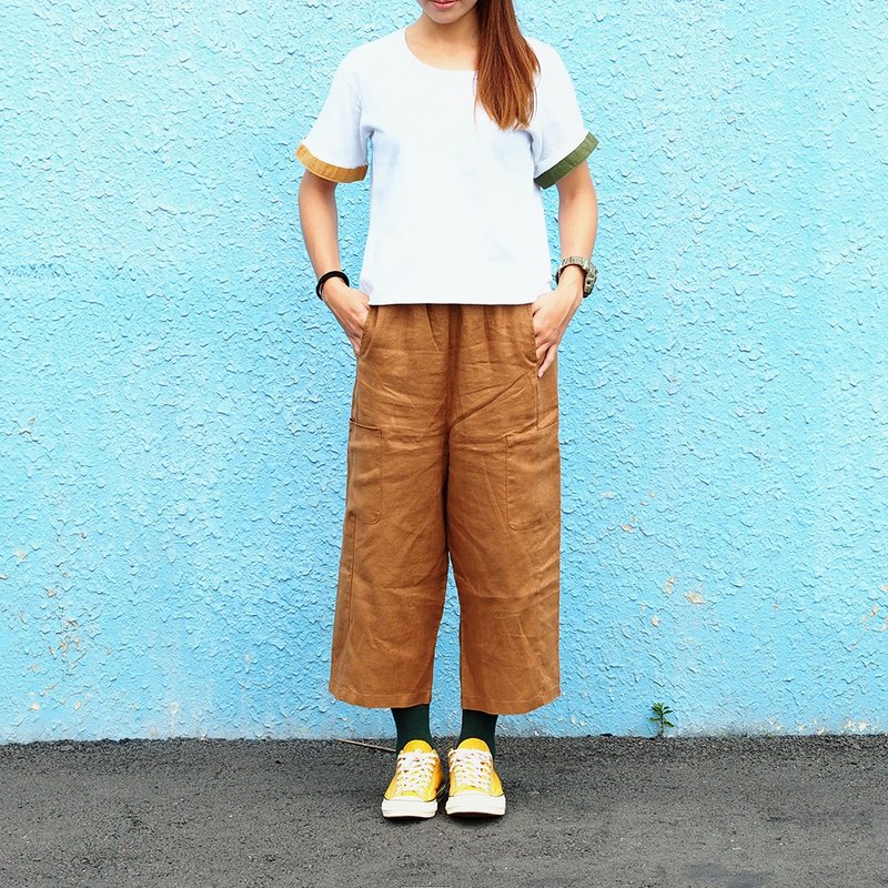 小牛村 手工棉麻 复古低裤档 九分裤【黄土大口袋】C-09 限量 - 女装长裤 - 棉．麻 咖啡色