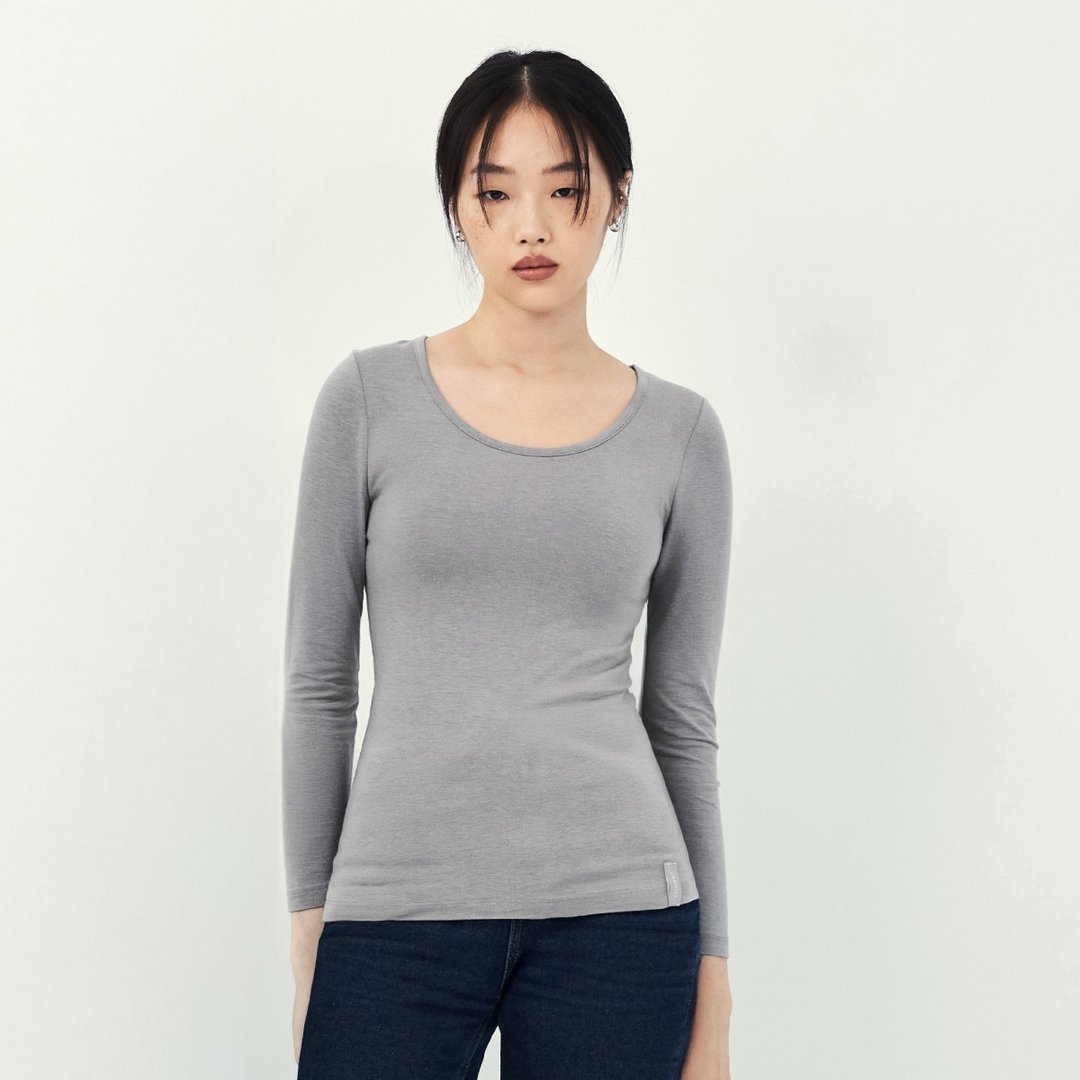 【敏感肌系列】天丝抗菌排湿内搭衣 - 女性圆领长袖 (厚款) - 女装上衣 - 环保材料 灰色