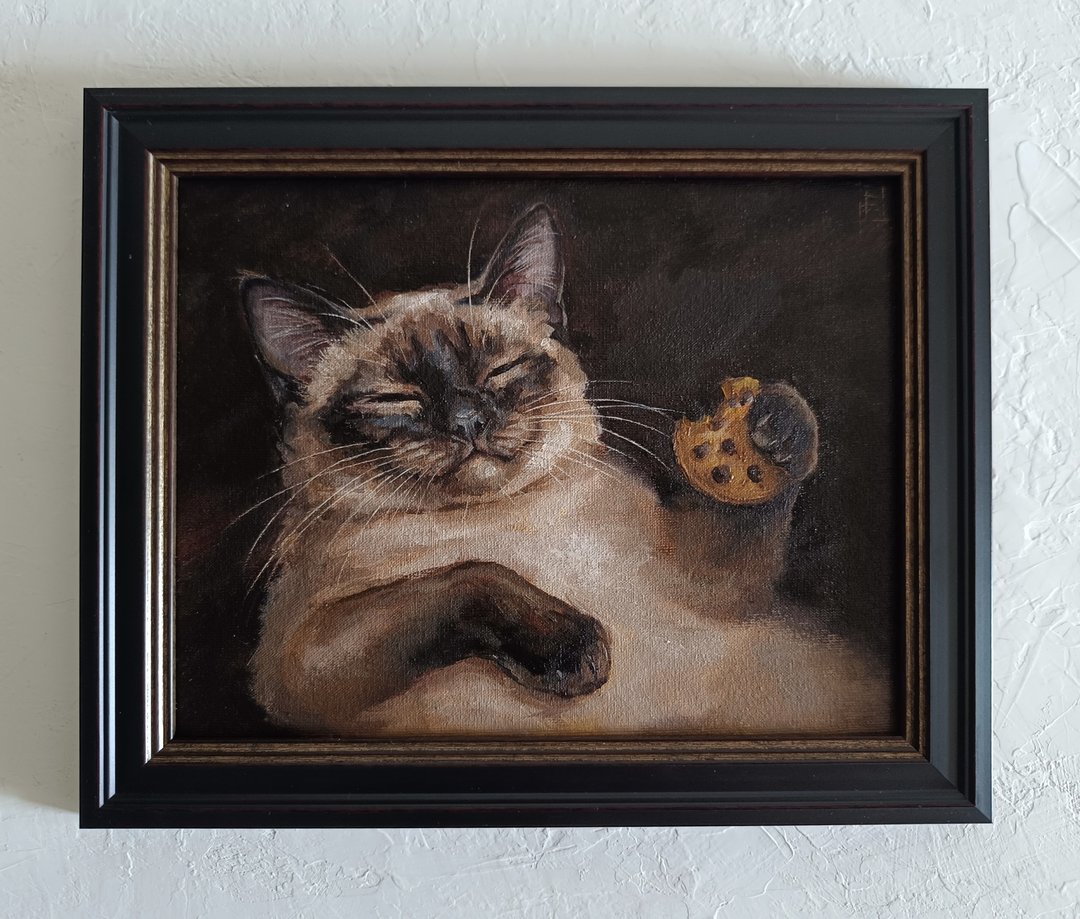 暹羅貓 Choko 與餅乾 油畫 帶框 原創 20x25 cm - 墙贴/壁贴 - 其他金属 咖啡色