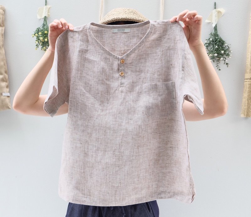 Michi Top : Linen Light Brown - 女装上衣 - 棉．麻 咖啡色