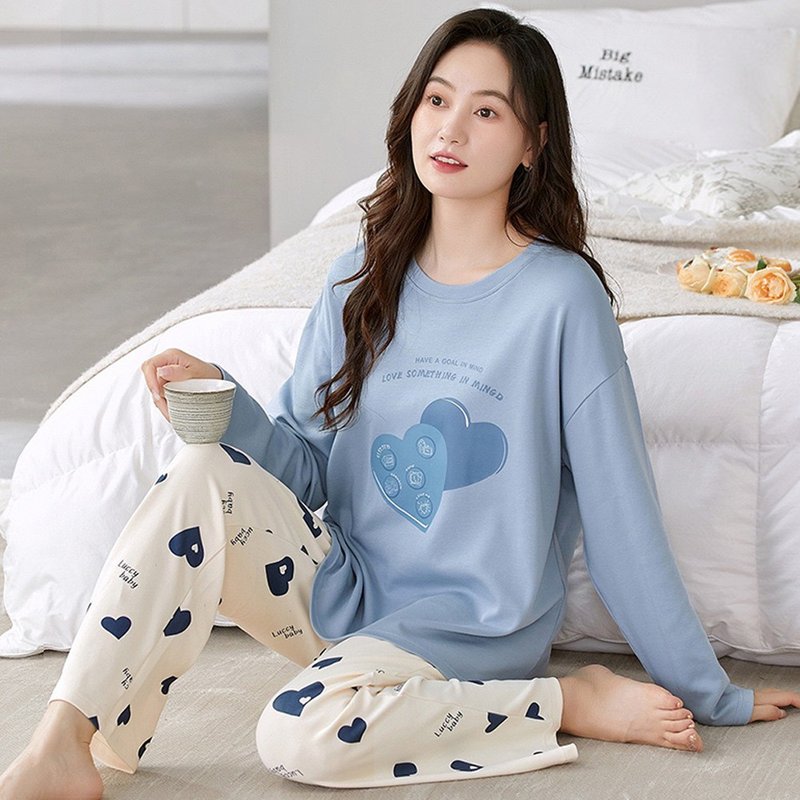 Pink Lady 罩杯式 心语蓝调 长袖成套睡衣 棉质秋冬两件式居家服 - 居家服/睡衣 - 其他人造纤维 蓝色