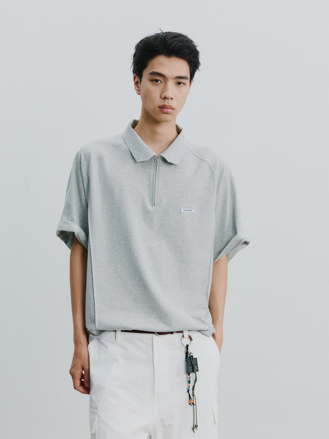 灰調拉鍊POLO衫 / 寬鬆落肩 / 夏季休閒短袖上衣 - 男装上衣/T 恤 - 其他材质 灰色