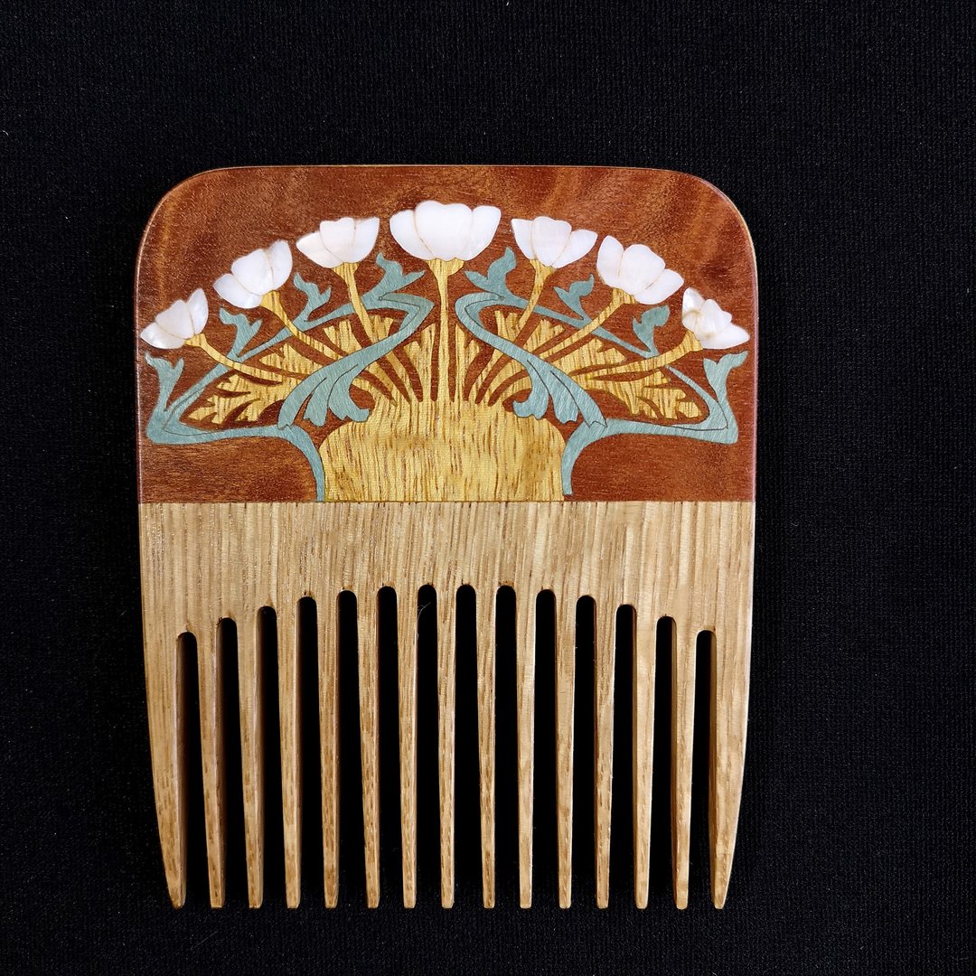 Wooden hair Art Nouveau Deco comb / handmade flower decor mosaics inlay 木梳 - 其他 - 木头 蓝色