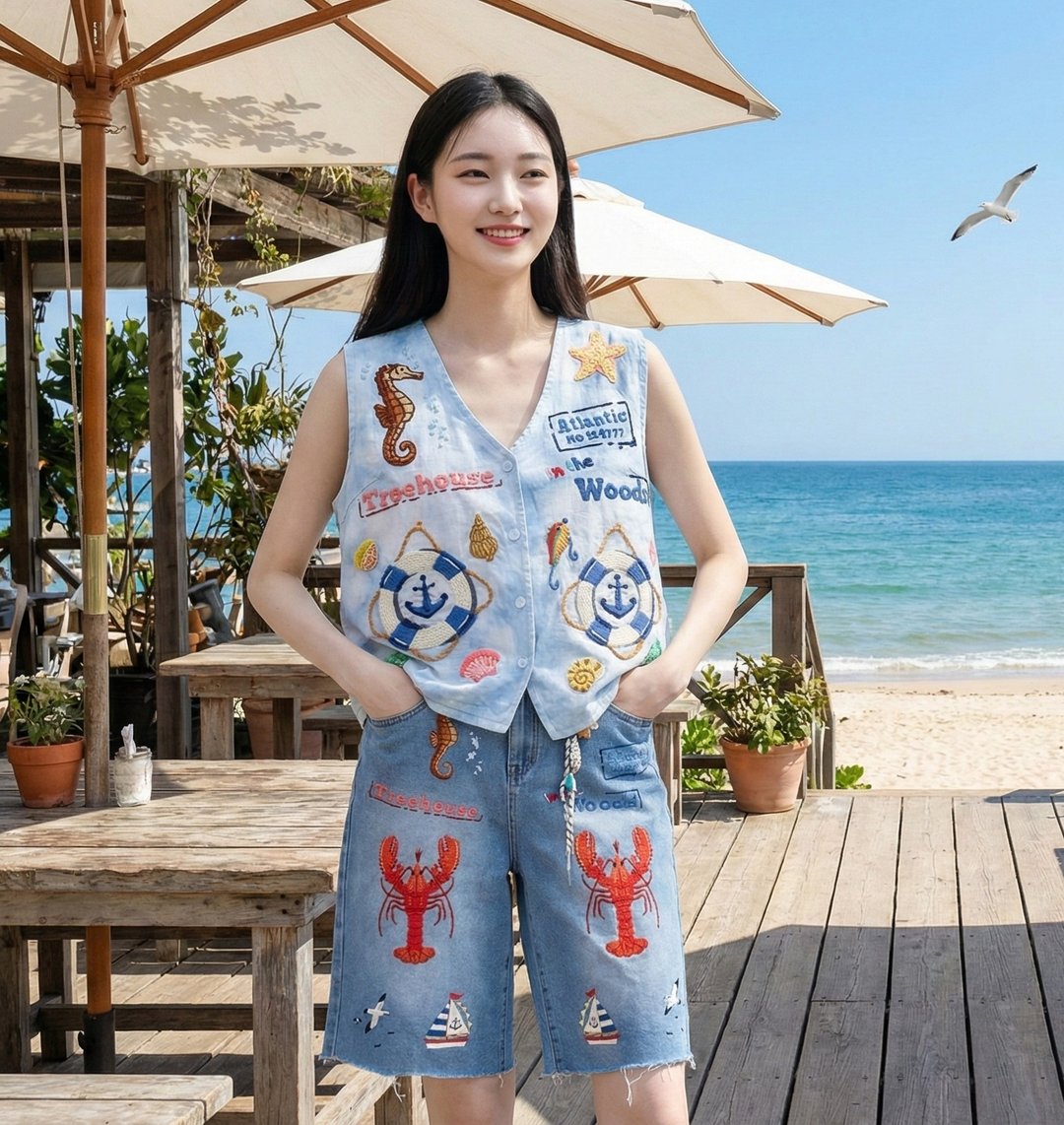 手工刺绣亚麻上衣，海滨图案：龙虾、帆船、罗盘、救生圈、海马。 - 女装西装外套/风衣 - 绣线 蓝色