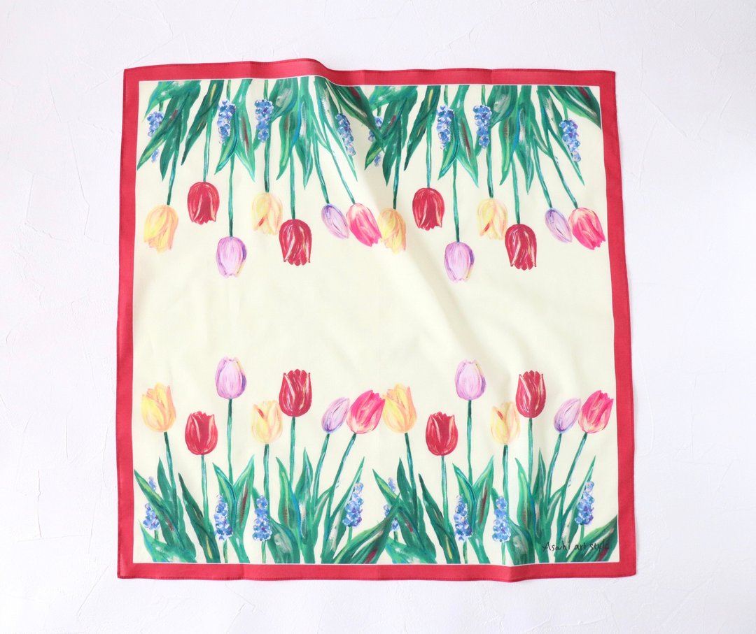 Large-format handkerchief that carries art Tulip.Scarf also supports.gift wr - 手帕/方巾 - 棉 红色