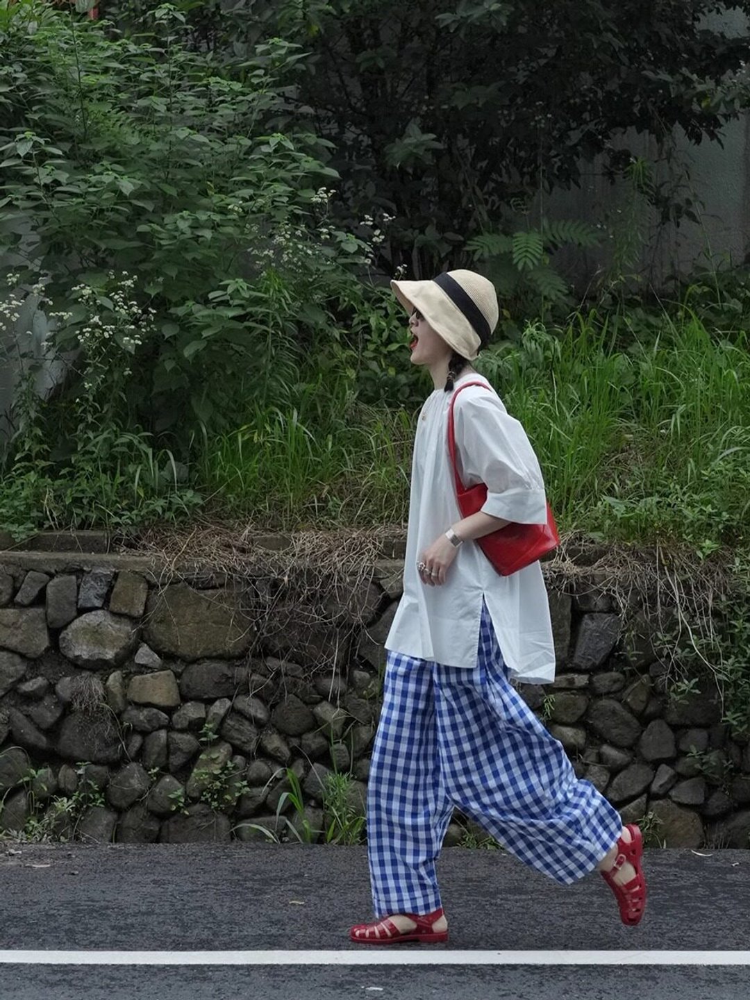 日系宽松蓝格子黑白格休闲宽松松紧腰气球阔腿九分裤 - 女装长裤 - 棉 