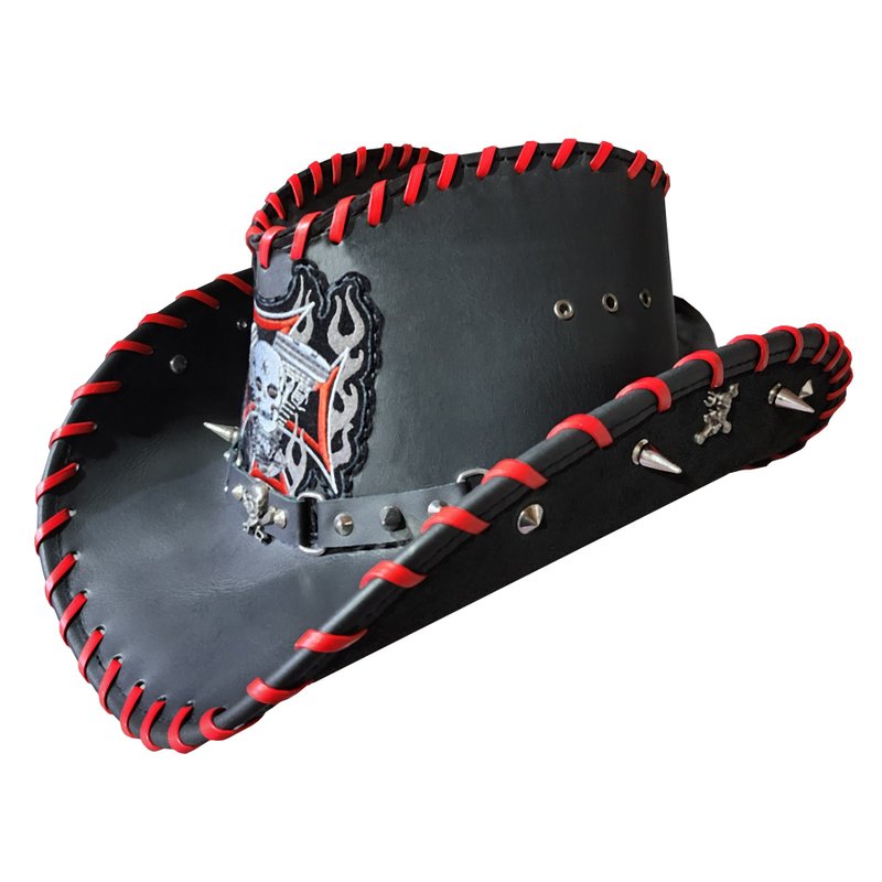 摩托车手骷髅引擎补丁黑色皮革牛仔帽 - 帽子 - 真皮 黑色