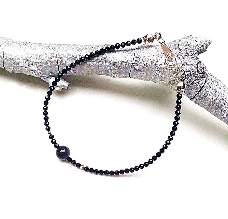 五行--水系能量石-黑曜石 黑曜石x黑尖晶 925纯银手链 定制化 - 手链/手环 - 水晶 黑色