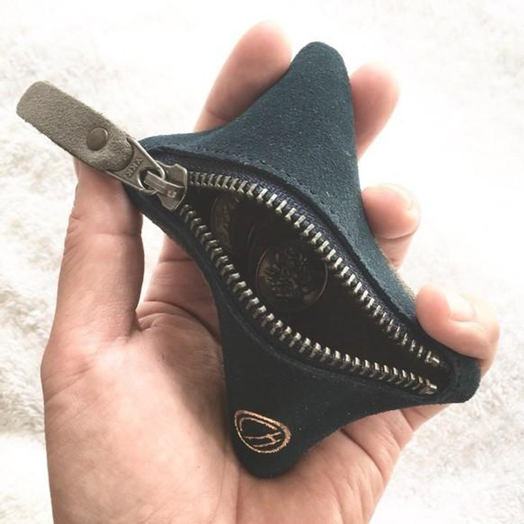 Cow suede zipper coin case bicolor navy x gray - 零钱包 - 真皮 
