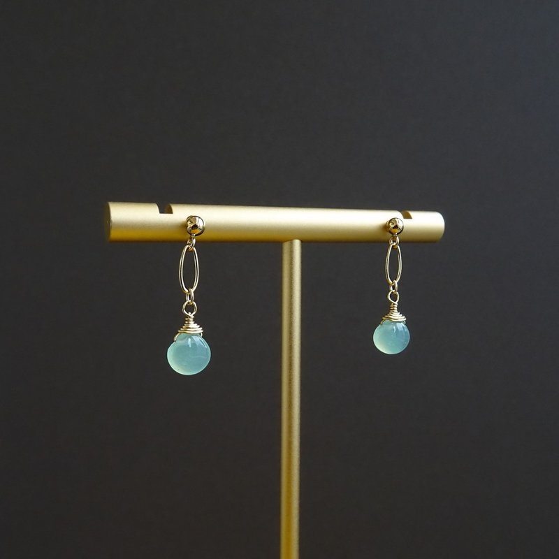 澳洲绿玉髓 扁心形 光面水滴 14Kgf 包金耳环 苹果绿色 - 耳环/耳夹 - 玉石 绿色