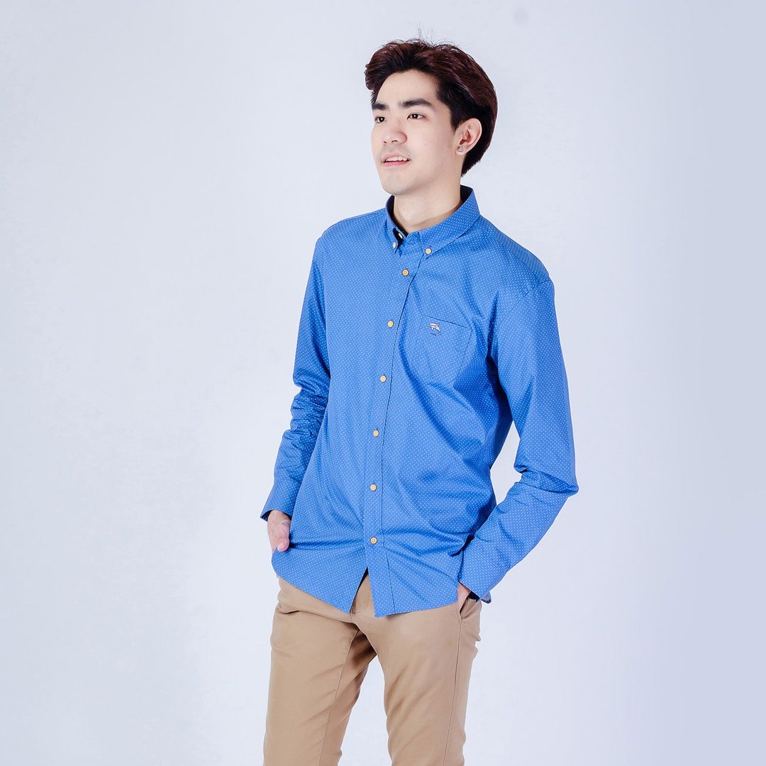 (SIZE S) DOLPHIN // navy polka dot // men slim fit - 男装衬衫 - 棉 蓝色